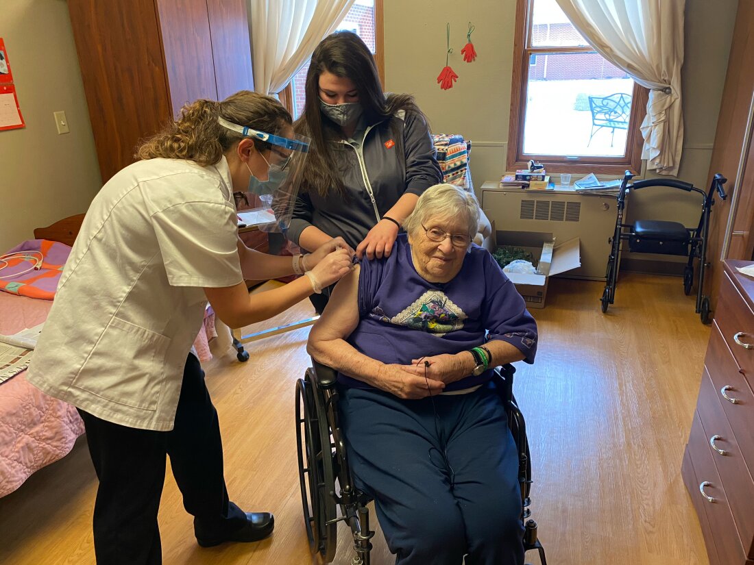 Mary Ann Herbst, a patient at the Good Samaritan Nursing Home in Mars, Iowa, receives her first dose of the COVID-19 vaccine on December 29, 2020. They have received at least one dose of the vaccine. -rao of COVID, which was released last fall.