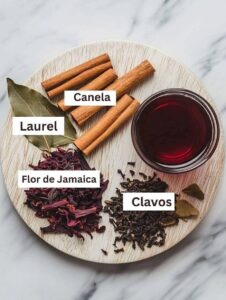 Canela, laurel, flor de Jamaica y clavo de olor
